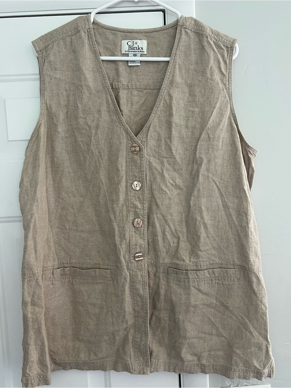 CJ Banks Beige Linen-Look Button Front Vest